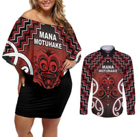 Personalised Aotearoa Mana Motuhake Couples Matching Off Shoulder Short Dress and Long Sleeve Button Shirt Poutama With Maori Pattern - Polynesian Pride