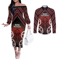 Personalised Aotearoa Mana Motuhake Couples Matching Off The Shoulder Long Sleeve Dress and Long Sleeve Button Shirt Poutama With Maori Pattern - Polynesian Pride