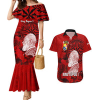 Tonga King Tupou I Day Couples Matching Mermaid Dress and Hawaiian Shirt Tropical Flowers With Ngatu Pattern LT05 Red - Polynesian Pride