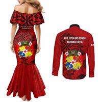 Tonga King Tupou I Day Couples Matching Mermaid Dress and Long Sleeve Button Shirts Tropical Flowers With Ngatu Pattern LT05 - Polynesian Pride