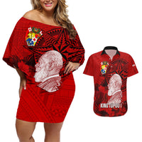 Tonga King Tupou I Day Couples Matching Off Shoulder Short Dress and Hawaiian Shirt Tropical Flowers With Ngatu Pattern LT05 Red - Polynesian Pride