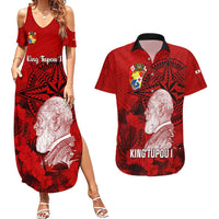 Tonga King Tupou I Day Couples Matching Summer Maxi Dress and Hawaiian Shirt Tropical Flowers With Ngatu Pattern LT05 Red - Polynesian Pride