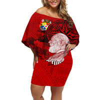 Tonga King Tupou I Day Off Shoulder Short Dress Tropical Flowers With Ngatu Pattern LT05 Women Red - Polynesian Pride