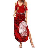 Tonga King Tupou I Day Summer Maxi Dress Tropical Flowers With Ngatu Pattern LT05 Women Red - Polynesian Pride