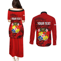 personalized-tonga-king-tupou-i-day-couples-matching-puletasi-dress-and-long-sleeve-button-shirts-tropical-flowers-with-ngatu-pattern