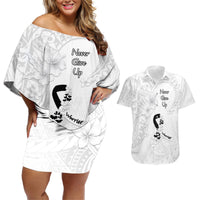 Lung Cancer Awareness Couples Matching Off Shoulder Short Dress and Hawaiian Shirt Never Give Up Polynesian Style LT05 White - Polynesian Pride