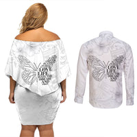 Lung Cancer Awareness Couples Matching Off Shoulder Short Dress and Long Sleeve Button Shirt Never Give Up Polynesian Style LT05 - Polynesian Pride
