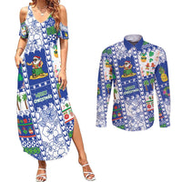 Northern Mariana Islands Christmas Couples Matching Summer Maxi Dress and Long Sleeve Button Shirt Festive Beach Vibes LT05 Blue - Polynesian Pride