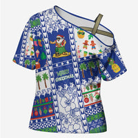 Northern Mariana Islands Christmas Cross Shoulder Shirt Festive Beach Vibes LT05 Female Blue - Polynesian Pride