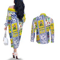 New Caledonia Christmas Couples Matching Off The Shoulder Long Sleeve Dress and Long Sleeve Button Shirt Festive Beach Vibes - Polynesian Pride