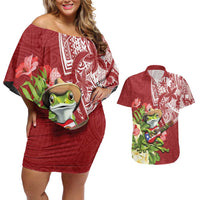 Puerto Rico Coqui Frog Couples Matching Off Shoulder Short Dress and Hawaiian Shirt Tropical Flowers Polynesian Style LT05 Red - Polynesian Pride