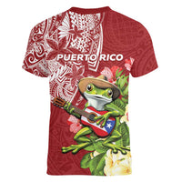 Puerto Rico Coqui Frog Women V-Neck T-Shirt Tropical Flowers Polynesian Style LT05 - Polynesian Pride