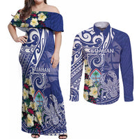 Personalised Hafa Adai Guam Couples Matching Off Shoulder Maxi Dress and Long Sleeve Button Shirt Latte Stone With Coconut Crab LT05 Blue - Polynesian Pride