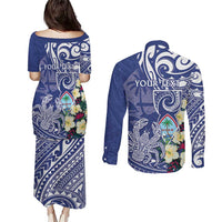 Personalised Hafa Adai Guam Couples Matching Puletasi and Long Sleeve Button Shirt Latte Stone With Coconut Crab
