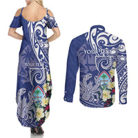 Personalised Hafa Adai Guam Couples Matching Summer Maxi Dress and Long Sleeve Button Shirt Latte Stone With Coconut Crab