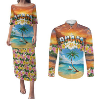 Guam Couples Matching Puletasi and Long Sleeve Button Shirt Eternal Summer Sunset Beach