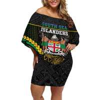 Personalised South Sea Islanders And Fiji Off Shoulder Short Dress Kanakas Fijian Tapa Pattern LT05 Women Black - Polynesian Pride