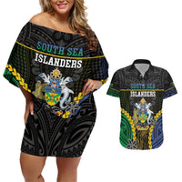 Personalised South Sea Islanders And Solomon Islands Couples Matching Off Shoulder Short Dress and Hawaiian Shirt Kanakas Polynesian Pattern LT05 Black - Polynesian Pride