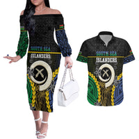 Personalised South Sea Islanders And Vanuatu Couples Matching Off The Shoulder Long Sleeve Dress and Hawaiian Shirt Kanakas Sand Drawing Pattern