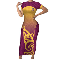 Custom Waiuku College Short Sleeve Bodycon Dress Maori Koru Pattern LT05 Long Dress Maroon - Polynesian Pride