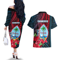 Guam Couples Matching Off The Shoulder Long Sleeve Dress and Hawaiian Shirt Latte Stone Mix Bougainvillea Polynesian Pattern LT05 - Polynesian Pride