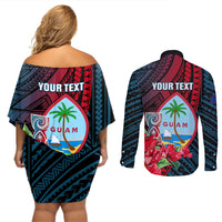 Personalized Guam Couples Matching Off Shoulder Short Dress and Long Sleeve Button Shirts Latte Stone Mix Bougainvillea Polynesian Pattern LT05 - Polynesian Pride