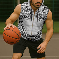 Polynesian Tattoo Inspired Cosplay Costume Sleeveless Zip Hoodie Tribal Warrior White - Polynesian Pride