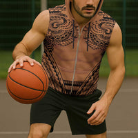 Polynesian Tattoo Inspired Cosplay Costume Sleeveless Zip Hoodie Tribal Warrior - Polynesian Pride