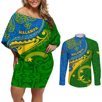 Malampa Day Couples Matching Off Shoulder Short Dress and Long Sleeve Button Shirts Sand Drawing Vanuatuan Pattern LT05 Green - Polynesian Pride