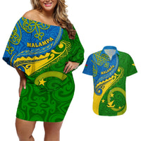 Personalized Malampa Day Couples Matching Off Shoulder Short Dress and Hawaiian Shirt Sand Drawing Vanuatuan Pattern LT05 Green - Polynesian Pride