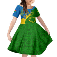 Personalized Malampa Day Family Matching Short Sleeve Bodycon Dress and Hawaiian Shirt Sand Drawing Vanuatuan Pattern LT05 Daughter's Dress Green - Polynesian Pride