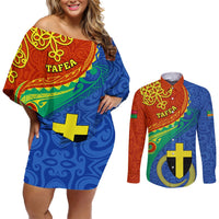 Tafea Day Couples Matching Off Shoulder Short Dress and Long Sleeve Button Shirts Sand Drawing Vanuatuan Pattern LT05 Blue - Polynesian Pride