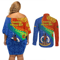 Tafea Day Couples Matching Off Shoulder Short Dress and Long Sleeve Button Shirts Sand Drawing Vanuatuan Pattern LT05 - Polynesian Pride