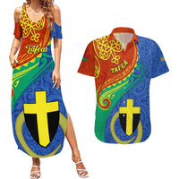 Tafea Day Couples Matching Summer Maxi Dress and Hawaiian Shirt Sand Drawing Vanuatuan Pattern LT05 Blue - Polynesian Pride