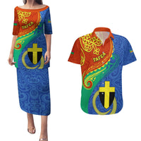 Personalized Tafea Day Couples Matching Puletasi Dress and Hawaiian Shirt Sand Drawing Vanuatuan Pattern LT05 Blue - Polynesian Pride