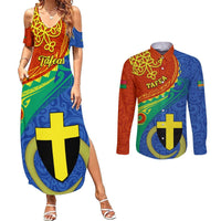 Personalized Tafea Day Couples Matching Summer Maxi Dress and Long Sleeve Button Shirts Sand Drawing Vanuatuan Pattern LT05 Blue - Polynesian Pride