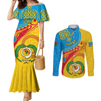 Torba Day Couples Matching Mermaid Dress and Long Sleeve Button Shirts Sand Drawing Vanuatuan Pattern LT05 Yellow - Polynesian Pride