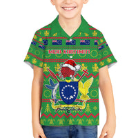 Personalised Cook Islands Christmas Family Matching Long Sleeve Bodycon Dress and Hawaiian Shirt Santa Coat Of Arms Meri Kiritimiti LT05 Son's Shirt Green - Polynesian Pride