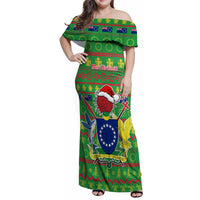 Personalised Cook Islands Christmas Family Matching Off Shoulder Maxi Dress and Hawaiian Shirt Santa Coat Of Arms Meri Kiritimiti LT05 Mom's Dress Green - Polynesian Pride