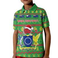 Personalised Cook Islands Christmas Kid Polo Shirt Santa Coat Of Arms Meri Kiritimiti LT05 Kid Green - Polynesian Pride