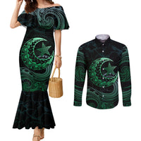 Personalised Polynesia Couples Matching Mermaid Dress and Long Sleeve Button Shirt With Islam Crescent And Star LT05 Green - Polynesian Pride
