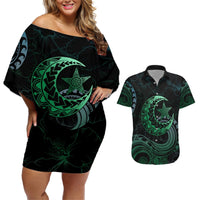 Personalised Polynesia Couples Matching Off Shoulder Short Dress and Hawaiian Shirt With Islam Crescent And Star LT05 Green - Polynesian Pride