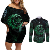 Personalised Polynesia Couples Matching Off Shoulder Short Dress and Long Sleeve Button Shirt With Islam Crescent And Star LT05 Green - Polynesian Pride