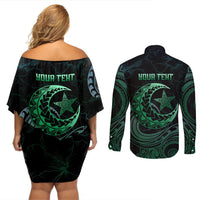 Personalised Polynesia Couples Matching Off Shoulder Short Dress and Long Sleeve Button Shirt With Islam Crescent And Star LT05 - Polynesian Pride