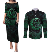 Personalised Polynesia Couples Matching Puletasi Dress and Long Sleeve Button Shirt With Islam Crescent And Star LT05 Green - Polynesian Pride