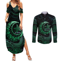 Personalised Polynesia Couples Matching Summer Maxi Dress and Long Sleeve Button Shirt With Islam Crescent And Star LT05 Green - Polynesian Pride