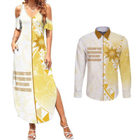 Personalised Polynesia Couples Matching Summer Maxi Dress and Long Sleeve Button Shirt Bahai Faith Symbol LT05 Yellow - Polynesian Pride