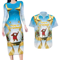 Fiji Christmas Couples Matching Long Sleeve Bodycon Dress and Hawaiian Shirt Snow Globe With Fijian Santa LT05