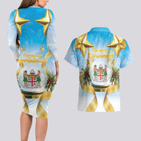 Fiji Christmas Couples Matching Long Sleeve Bodycon Dress and Hawaiian Shirt Snow Globe With Fijian Santa LT05