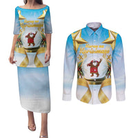Fiji Christmas Couples Matching Puletasi and Long Sleeve Button Shirt Snow Globe With Fijian Santa LT05